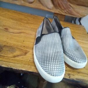 Vince, Blair Size 9.5 Black, White and Gray Checker Leather Slip-On Sneakers